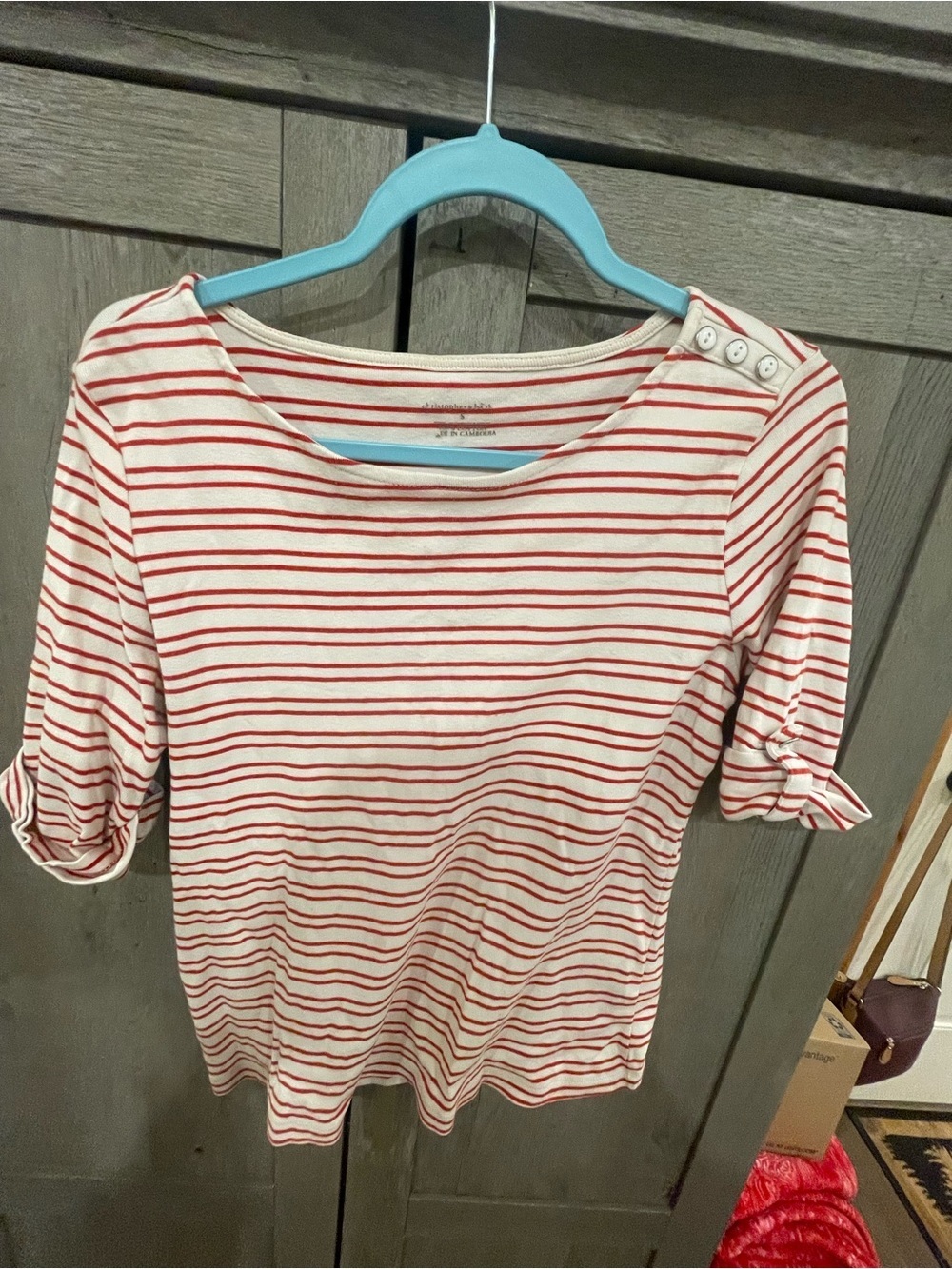 Christopher & Banks Red and White Striped Boatneck Top with Shoulder Buttons